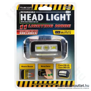 PHENOM COB LED-es fejlámpa, akkumulátoros, mozgásérzékelős be/kikapcsolás (18609)