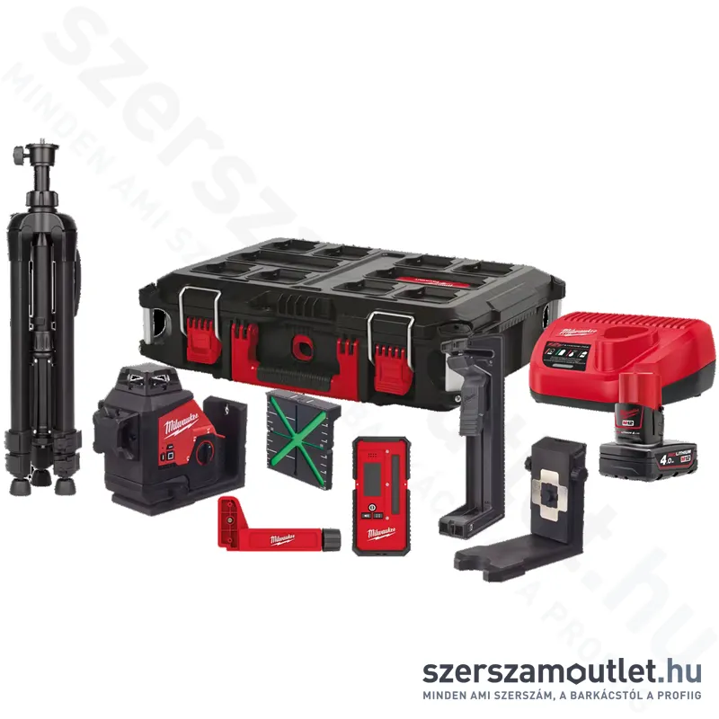 MILWAUKEE M12 3PLKIT-401P Akkus vonallézer ZÖLD (3 sík/360°), PACKOUT +tartozékok (1x4,0Ah/12V)
