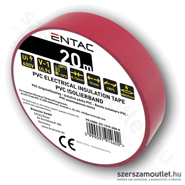 ENTAC Szigetelőszalag 0,13x19mm/20m (Piros) (EIT-1319-20M-R)