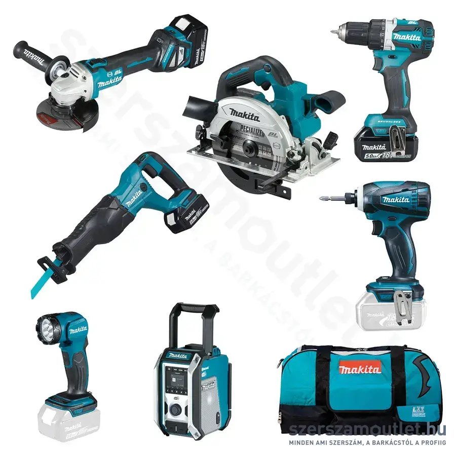 MAKITA DLX7018TX1 gépszett DDF484+DGA513+DHS661+DJR186+DML815+DMR115+DTD146+3x5,0 Ah+Töltő+táska