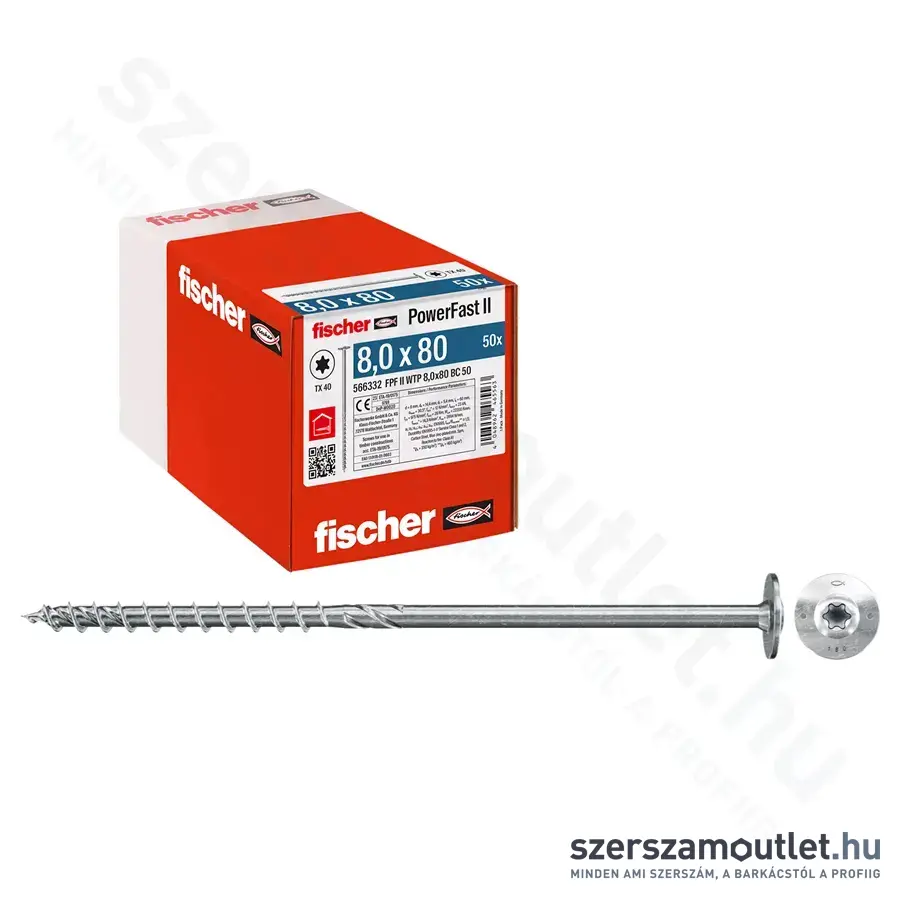 FISCHER PowerFast II WTP BC 50 Szerkezetépítő csavar, lapos fej, TX40, 8x80mm (50db/doboz)