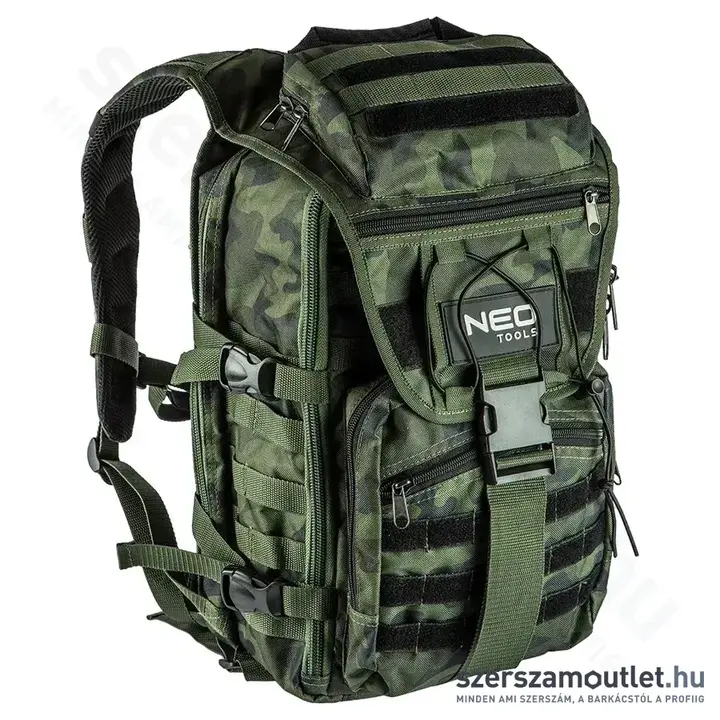 NEO TOOLS Taktikai túra hátizsák, 22 zseb, 600D poliészter, 30l, 300x200x440mm (Terepszínű)
