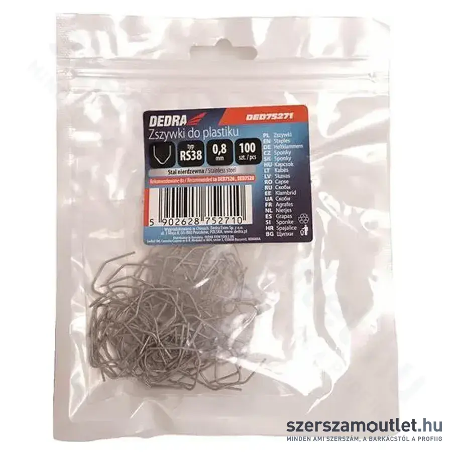 DEDRA Műanyag tűzőgép kapocs, RS38 típus, V alakú, 0,8mm (100db/csomag)
