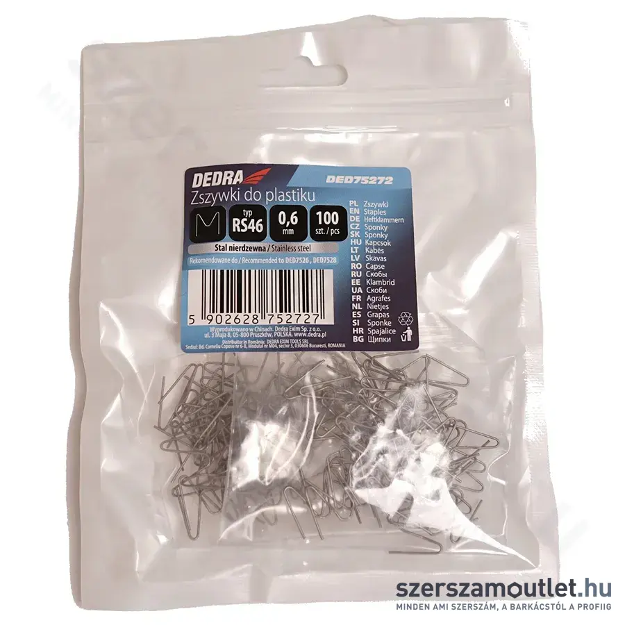 DEDRA Műanyag tűzőgép kapocs, RS46 típus, M alakú, 0,6mm (100db/csomag)