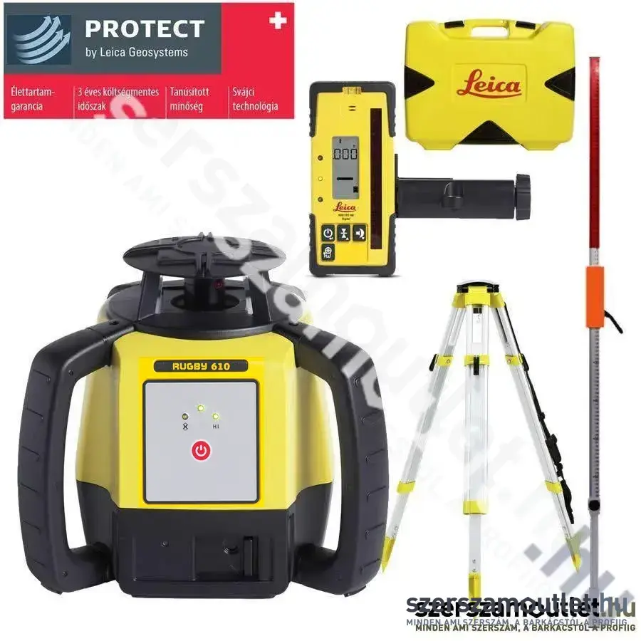 LEICA RUGBY 610 forgólézer + RODEYE120 vevő + CTP104 állvány + FLEXI ROD flexibilis mérőléc