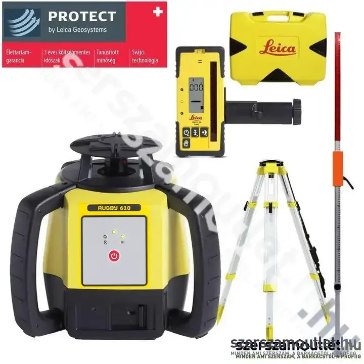 LEICA RUGBY 610 forgólézer + RODEYE120 vevő + CTP104 állvány + FLEXI ROD flexibilis mérőléc